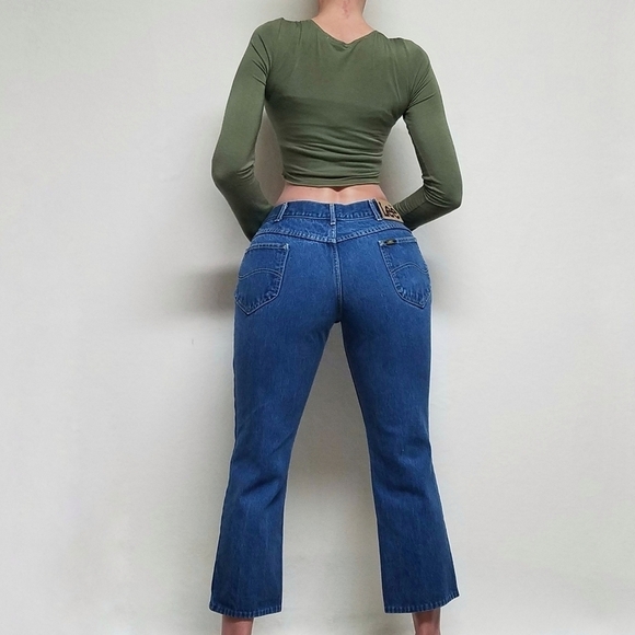VINTAGE 70s Lee Union Made High Waisted Cropped Flare Cotton Husky Denim Jeans - Picture 3 of 14